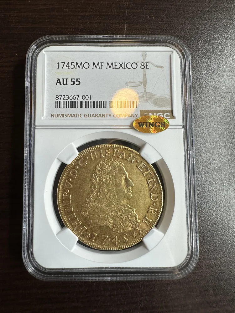Actual submitted photograph 1 of 1745 MO MF Mexico 8 Escudo, AU55