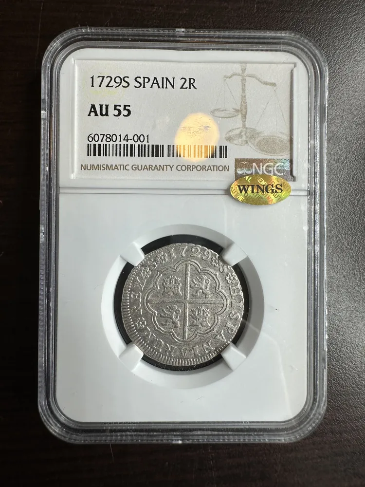 Actual submitted photograph 1 of 1729 S Spain 2 Reales, AU55