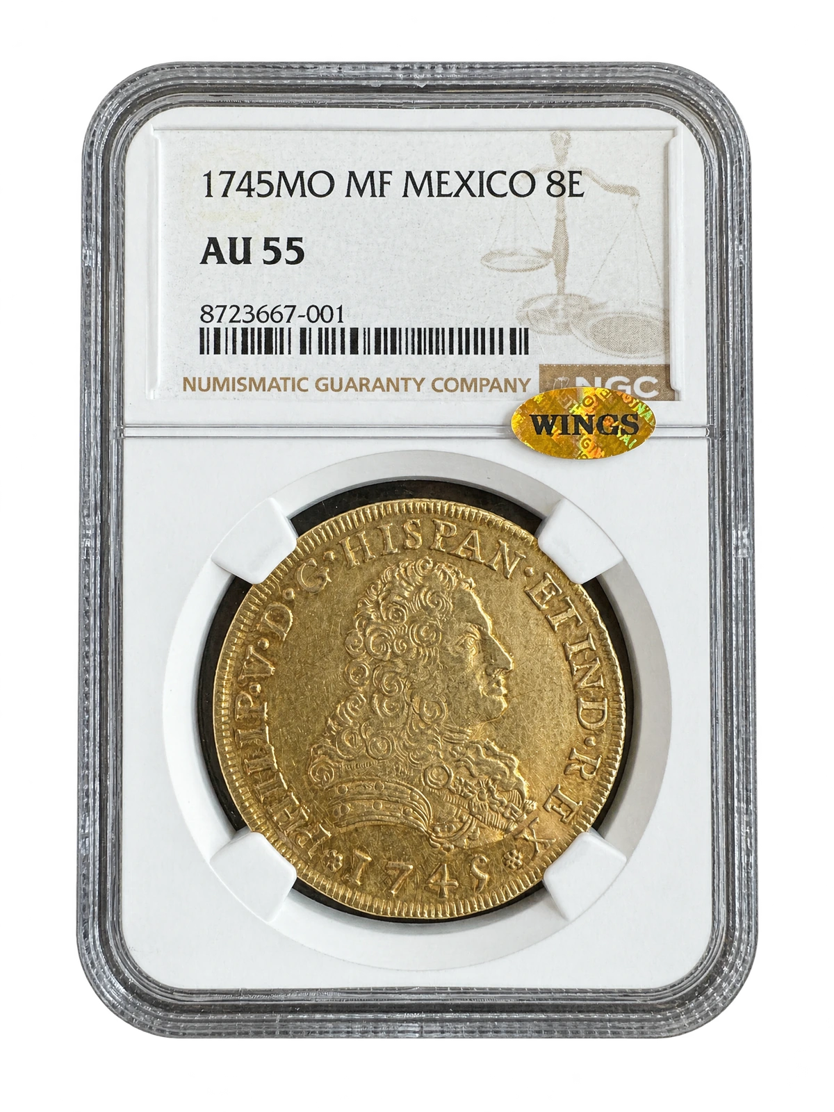 1745 Mexico gold 8 Escudo in its labeled holder, background removed