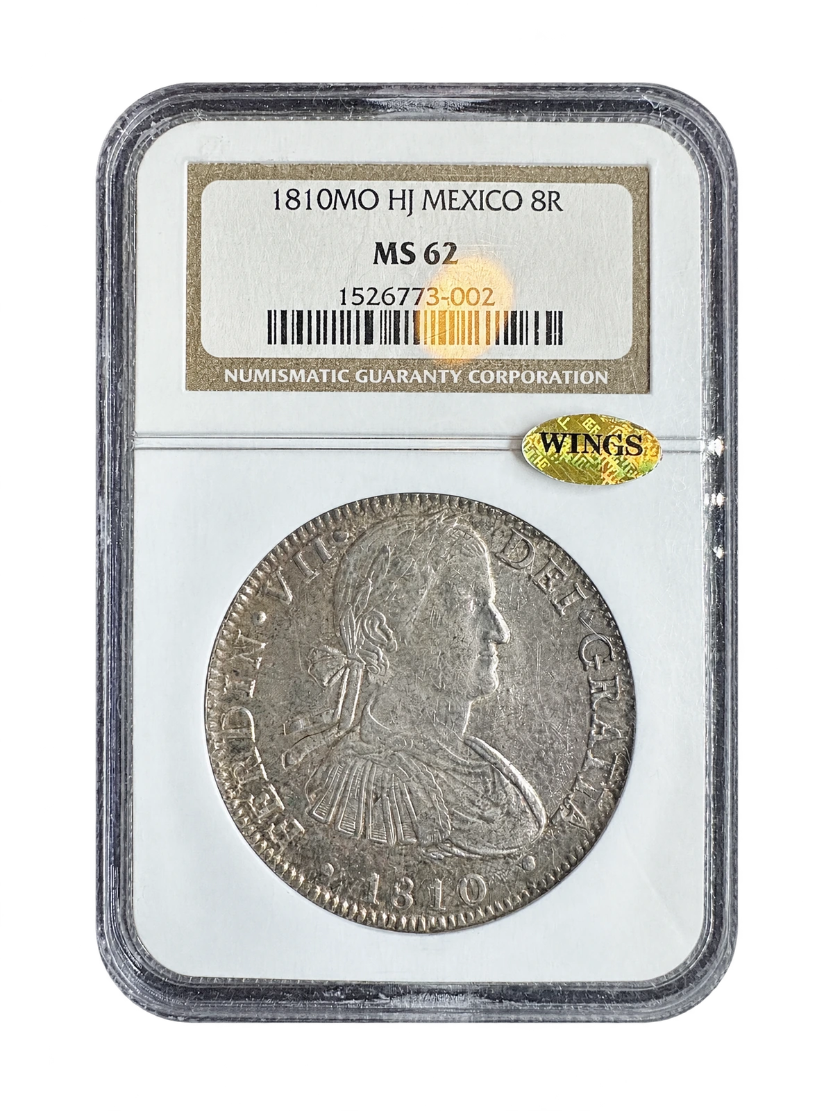 1810 Mexico silver 8 Reales in its labeled holder, background removed